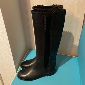 Kate Spade Rayna Boots Black Leather Knee high Riding Boots with Scallop detail